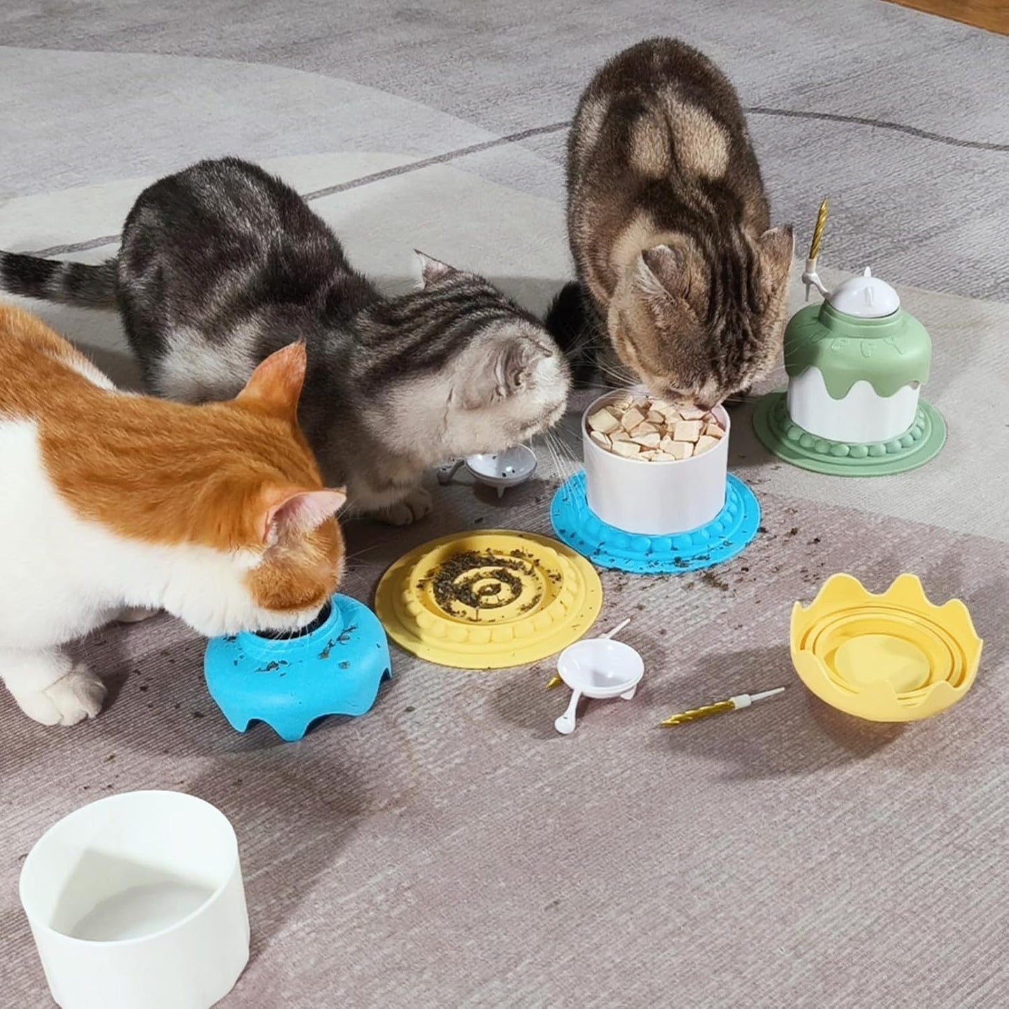 Cat Birthday Party Supplies  Cat Birthday Cake Bowl Includes Cat Slow Feeder Bowl Cat Food Bowl Pet Food Can Cover Silicone Can Lids Cat Feeding Spoon