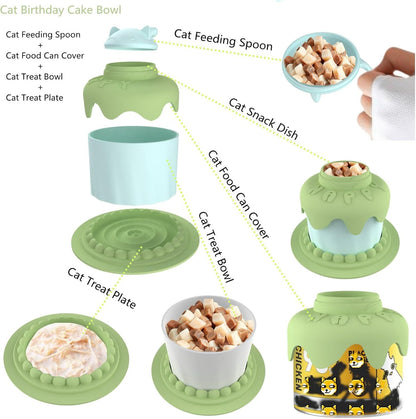 Cat Birthday Party Supplies  Cat Birthday Cake Bowl Includes Cat Slow Feeder Bowl Cat Food Bowl Pet Food Can Cover Silicone Can Lids Cat Feeding Spoon